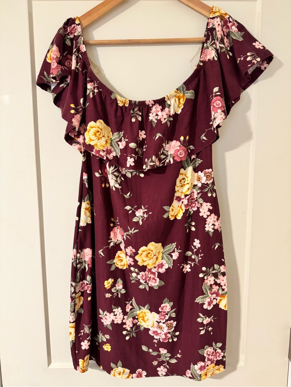 rue21 Burgundy Floral Off-Shoulder Top with Pink & Yellow Blooms